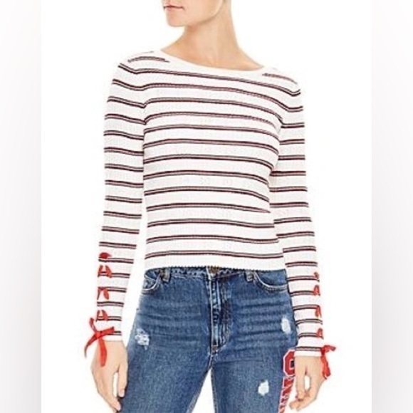 SANDRO Ottana Ribbed Striped Eyelet Sweater Small - Picture 1 of 5
